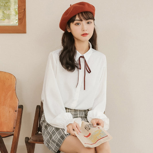 Fashion Girl Trumpet Sleeves White Shirt With Bow