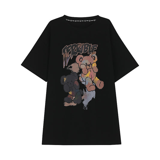 Soft Girl Style Black Loose Cartoon Bear T-shirt