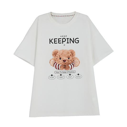 Cute Teddy Bear Graphic Print Round Neck T-shirt