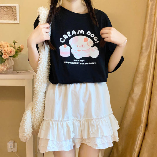 Japanese Soft Girl Style Cartoon Puppy Print Pink T-shirt