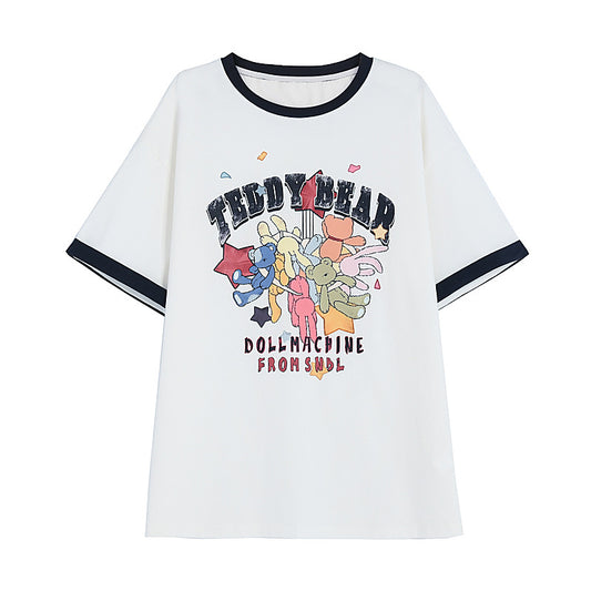 Cute Sweet Cartoon Print Round Neck All-match T-shirt