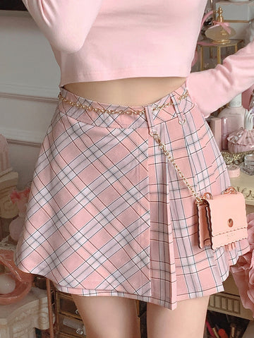 College-Style Asymmetric Plaid Pleated Skirt