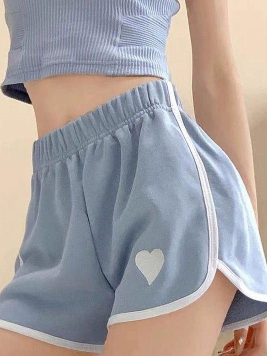 Sports Style Love Heart Embroidery Pure Color Shorts