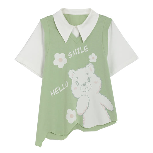 Kawaii Green Cartoon Bear Print Fake Two-Piece T-Shirt