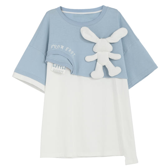 Cute Color Contrast Three-Dimensional Bunny Fake Two-Piece T-shirt