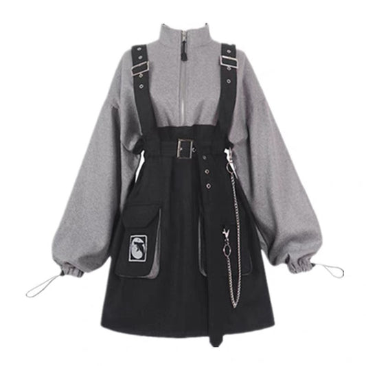 Punk Zipper Chain Pocket T-Shirt Dress