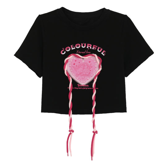 Black Sweet And Spicy Pink Heart Print T-Shirt