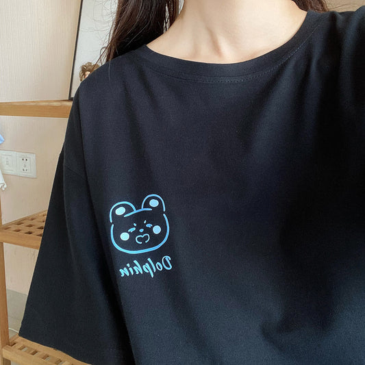 Summer Soft Girl Style Black Simple Bear Print T-shirt