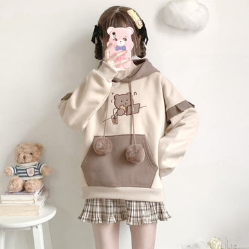 Cute Bear Soft Girl Style Fake Two-Piece Hoodie