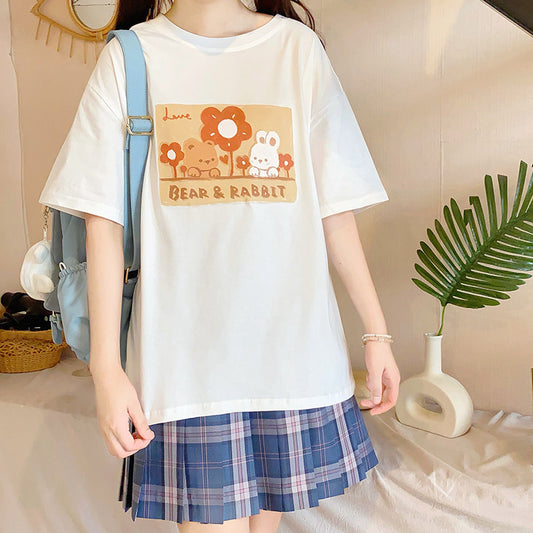 Kawaii Soft Girl Style Cartoon Bear Print T-shirt