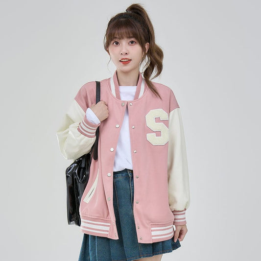 College Style Girl Hit Color Baseball Uniform Jacket