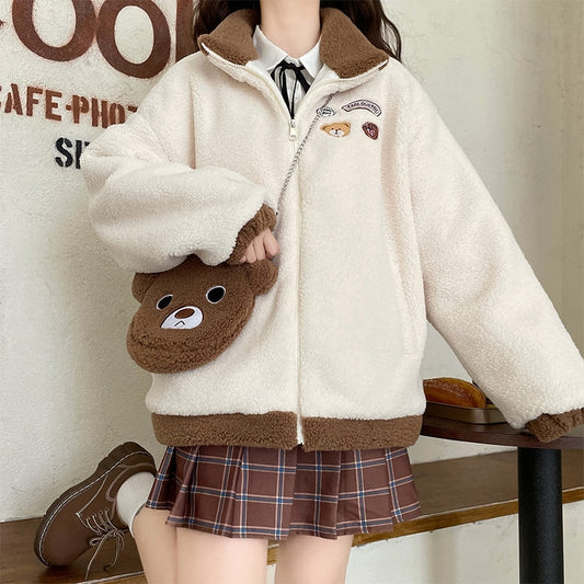 Japanese Mori Girl Style Color Matching Coat With Bear Shoulder Bag