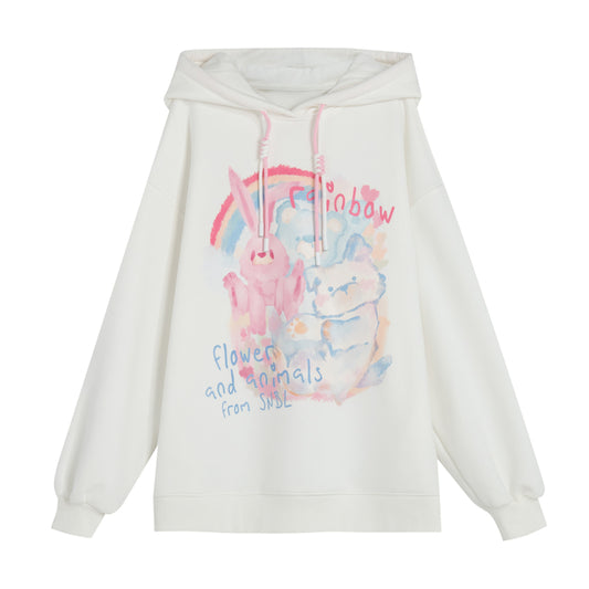 Sweet Loose Pink Cartoon Bunny Print Hoodie