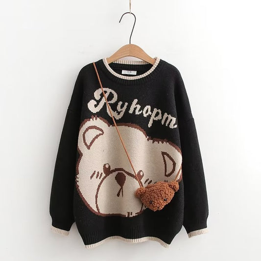 Kawaii Bear Print Round Collar Sweater With Crossbody Bag