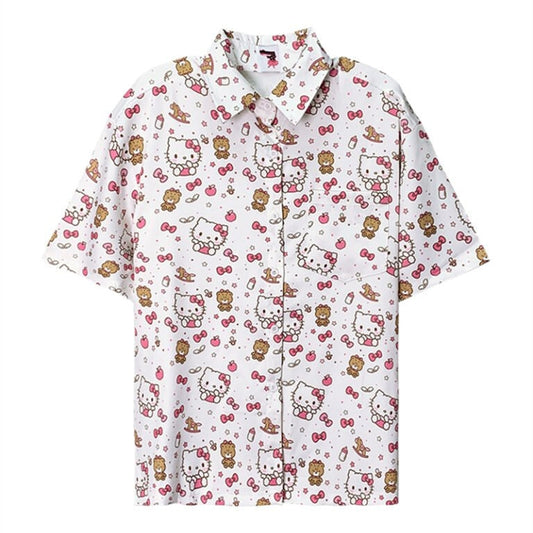 Retro Pink Kitty Cat Printing Short-Sleeved Shirt