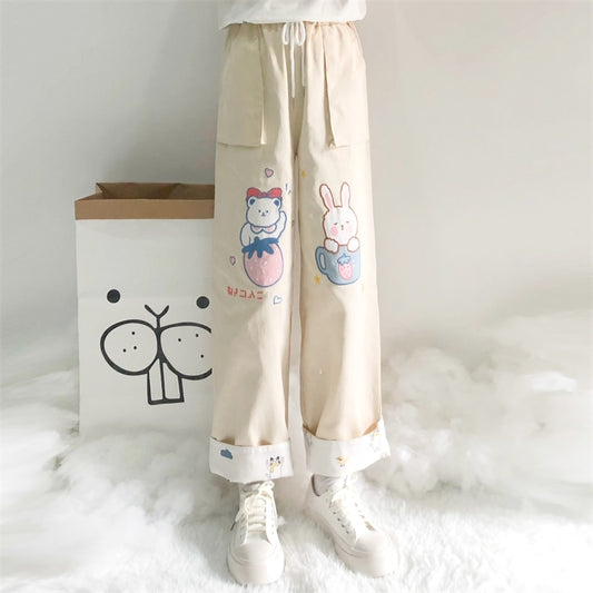 Cute Soft Girl Bear Embroidery Straight Pants