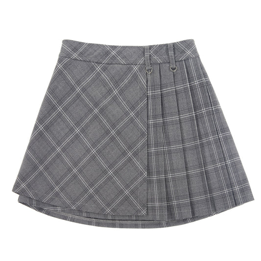 College-Style Asymmetric Plaid Pleated Skirt