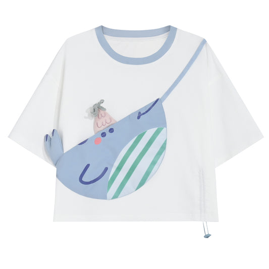 Cute Blue Whale Color Contrast Stitching T-shirt