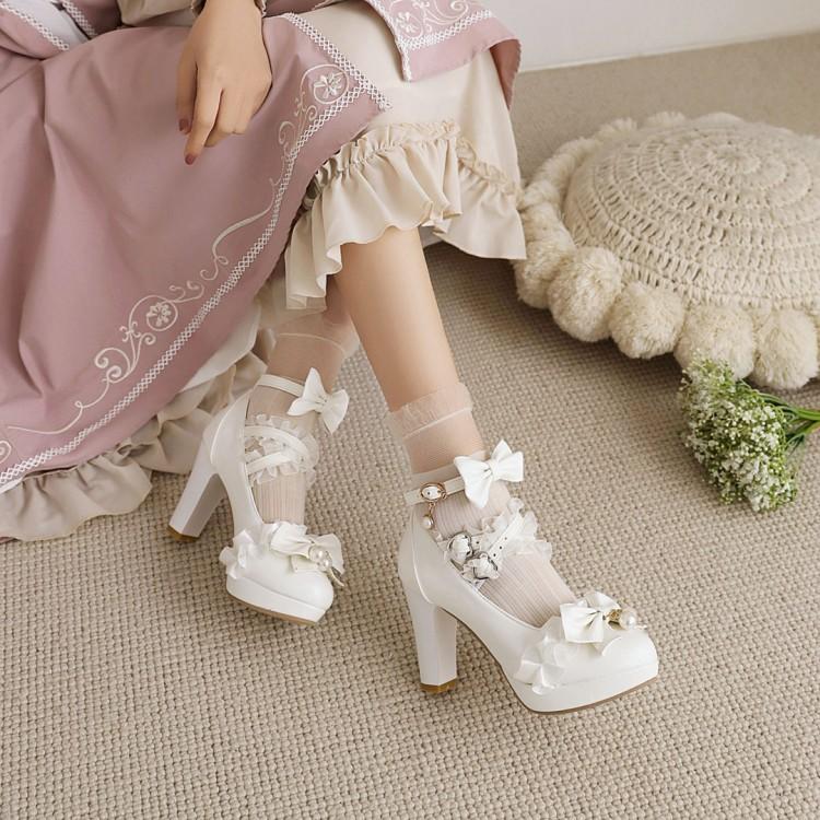 Lolita Mary Pink Bear Details Heart Sweet with Winged Janes Low-heel Accents