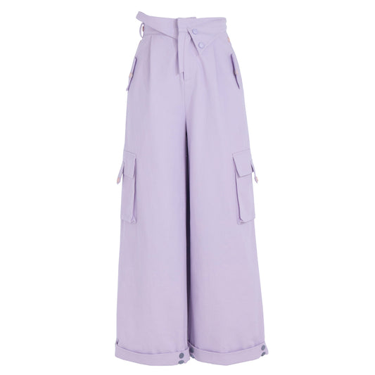 Purple Solid High Waist Straight Cargo Pants