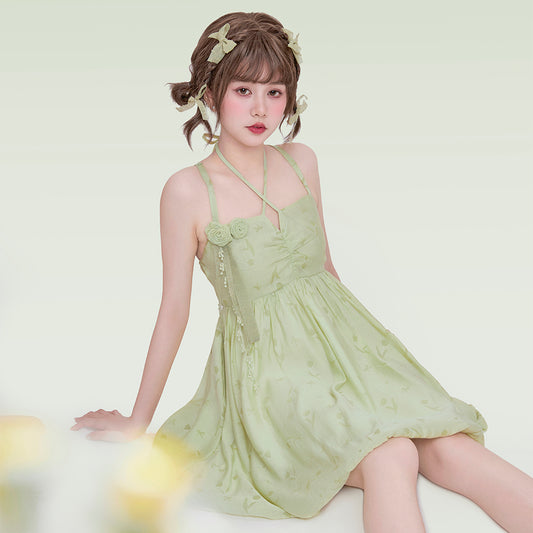 Sweet Style Green Bow Knot Backless Sling Dress