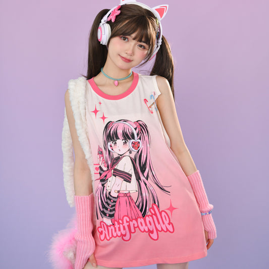 Summer Y2K Style Pink Manga Girl Print Sleeveless T-shirt