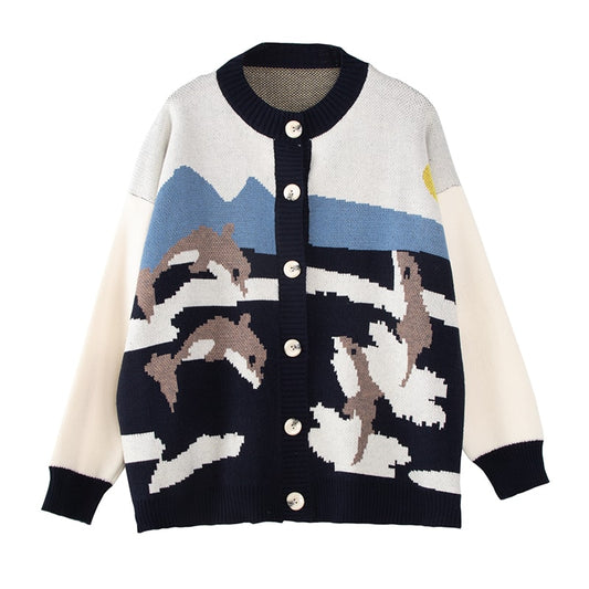 Kawaii Cute Dolphin Pattern Cardigan Sweater