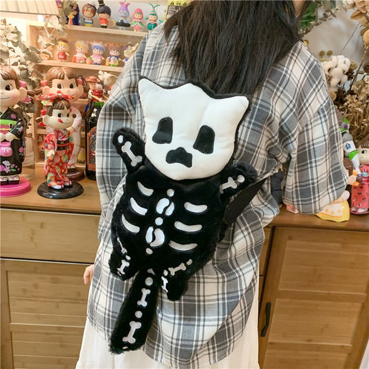 Funny Halloween Black Goblin Skull Plush Backpack