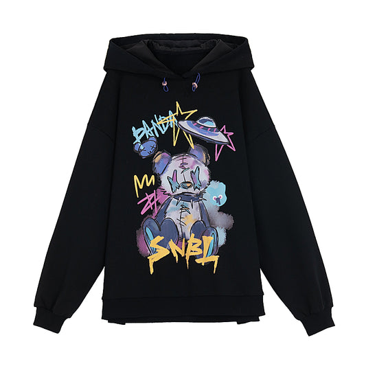 American Black Cartoon Bear Print Pullover Hoodie