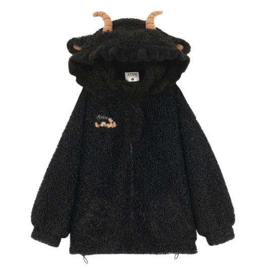 Kawaii Cute Black Three-Dimensional Lamb Hooded Thick Coat