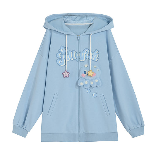 Kawaii Girly Style Pink 3D Cartoon Octopus Embroidery Coat