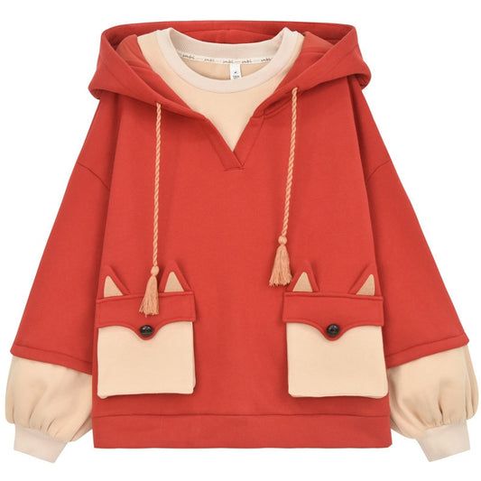 Cute Red Fox Fake Two-Piece Sweatshirt