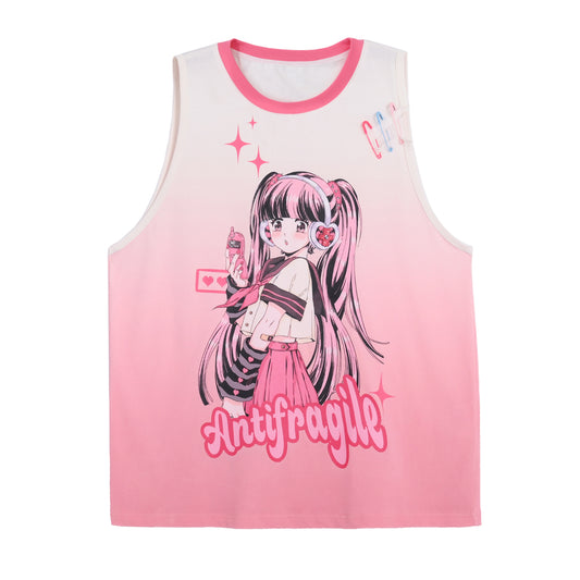 Summer Y2K Style Pink Manga Girl Print Sleeveless T-shirt