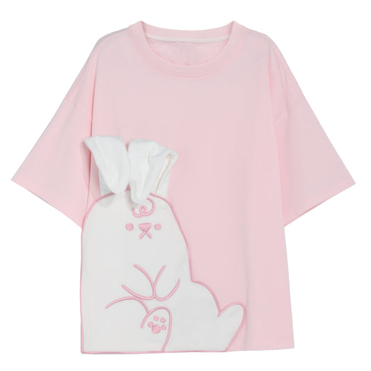 Cute Pink Cartoon Rabbit Embroidery T-shirt