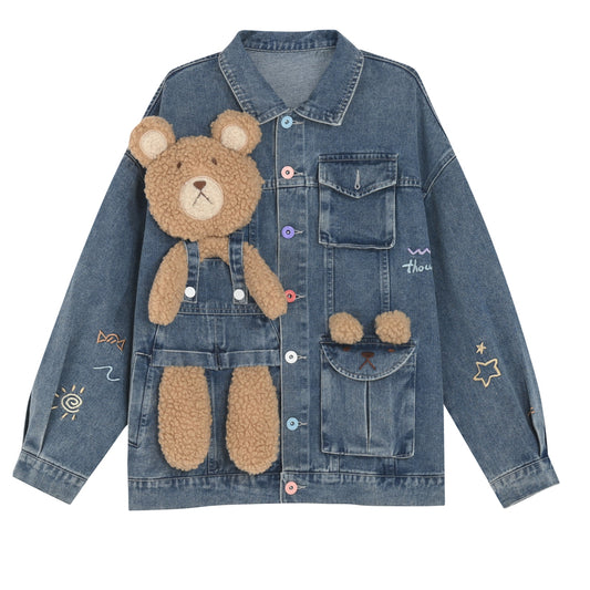 Cute 3D Three-Dimensional Design Bear Denim Jacket