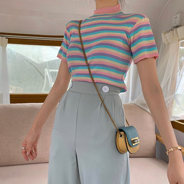 Korean Fashion Sweet Rainbow Striped Short T-shirt