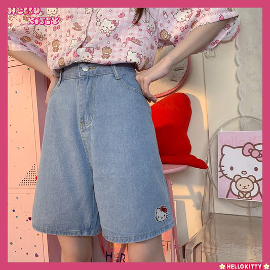 Soft Girl Style Hello Kitty Embroidery Denim Shorts