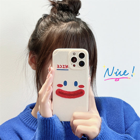 Cute Plush Embroidered Smiley Face Emoji iPhone Case