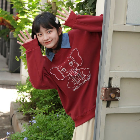 Korean College Style Red Elephant Embroidery Hoodie