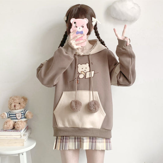 Cute Bear Soft Girl Style Fake Two-Piece Hoodie