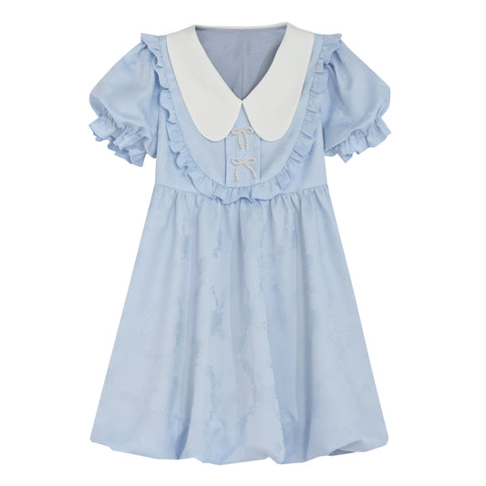 Summer Sweet Blue Puff Sleeve Doll Collar Bud Dress