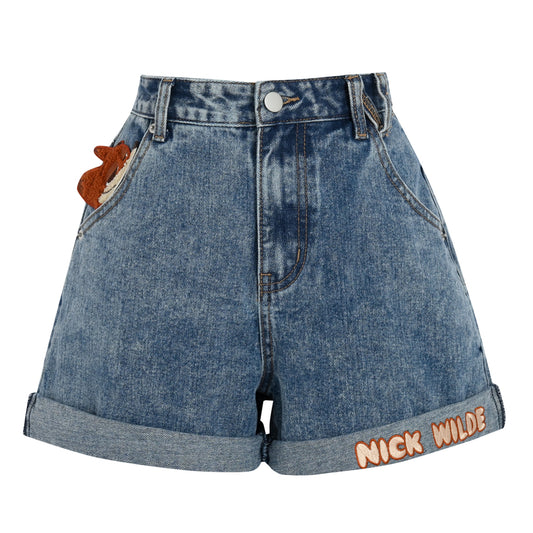 Cute All-Match Cartoon Fox Embroidered Denim Shorts