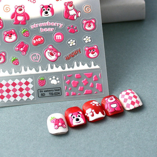 Kawaii 3d Strawberry Bear Embossed Nail Sticker