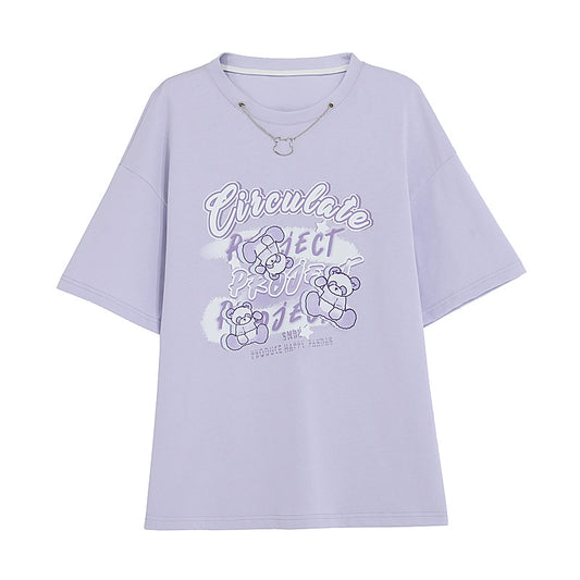 Sweet Style Purple Bear Print All-match T-shirt