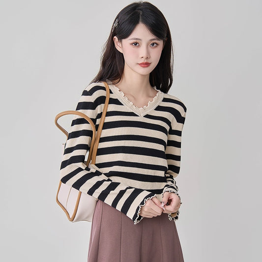 Fashion Fungus Trim Striped Knit Sweater