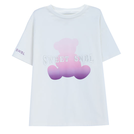 Kawaii Purple Gradient Bear Print Round Neck T-shirt