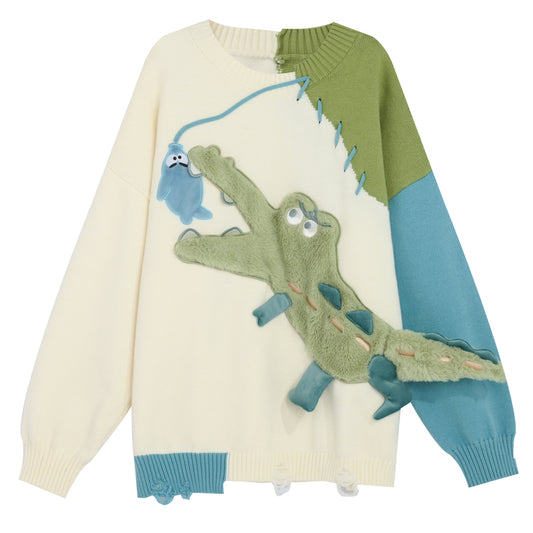 Cute Cartoon Crocodile Embroidery Loose Sweater