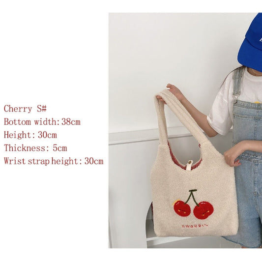 Kawaii Cherry Plush Tote Bag
