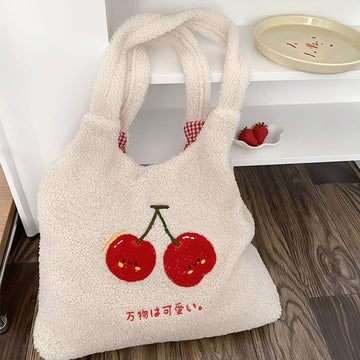 Kawaii Cherry Plush Tote Bag