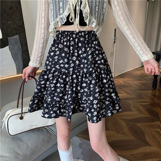 Kawaii Floral Printed Falbala Skirt
